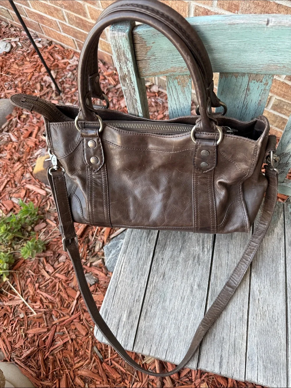 Frye Washed Brown Leather Melissa Satchel Handbag w/Xbody Strap
